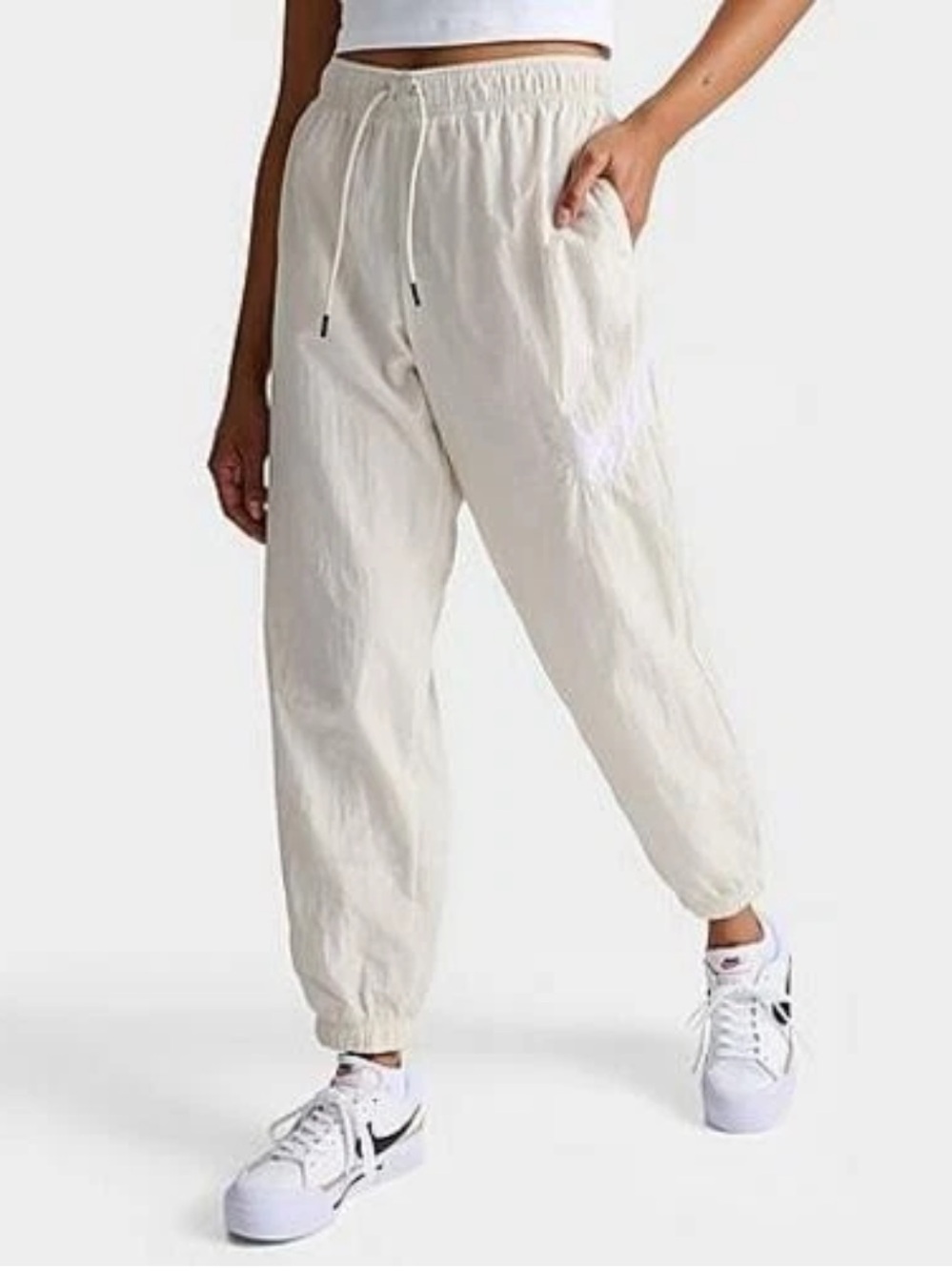 Nike Cream Elastic-Waist Mid Rise Jogger Athletic Track Pants Swishy Drawstring